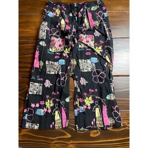 WHITE STAG Capri Pajama Pants Women's Size M Black Floral Tropical South Seas